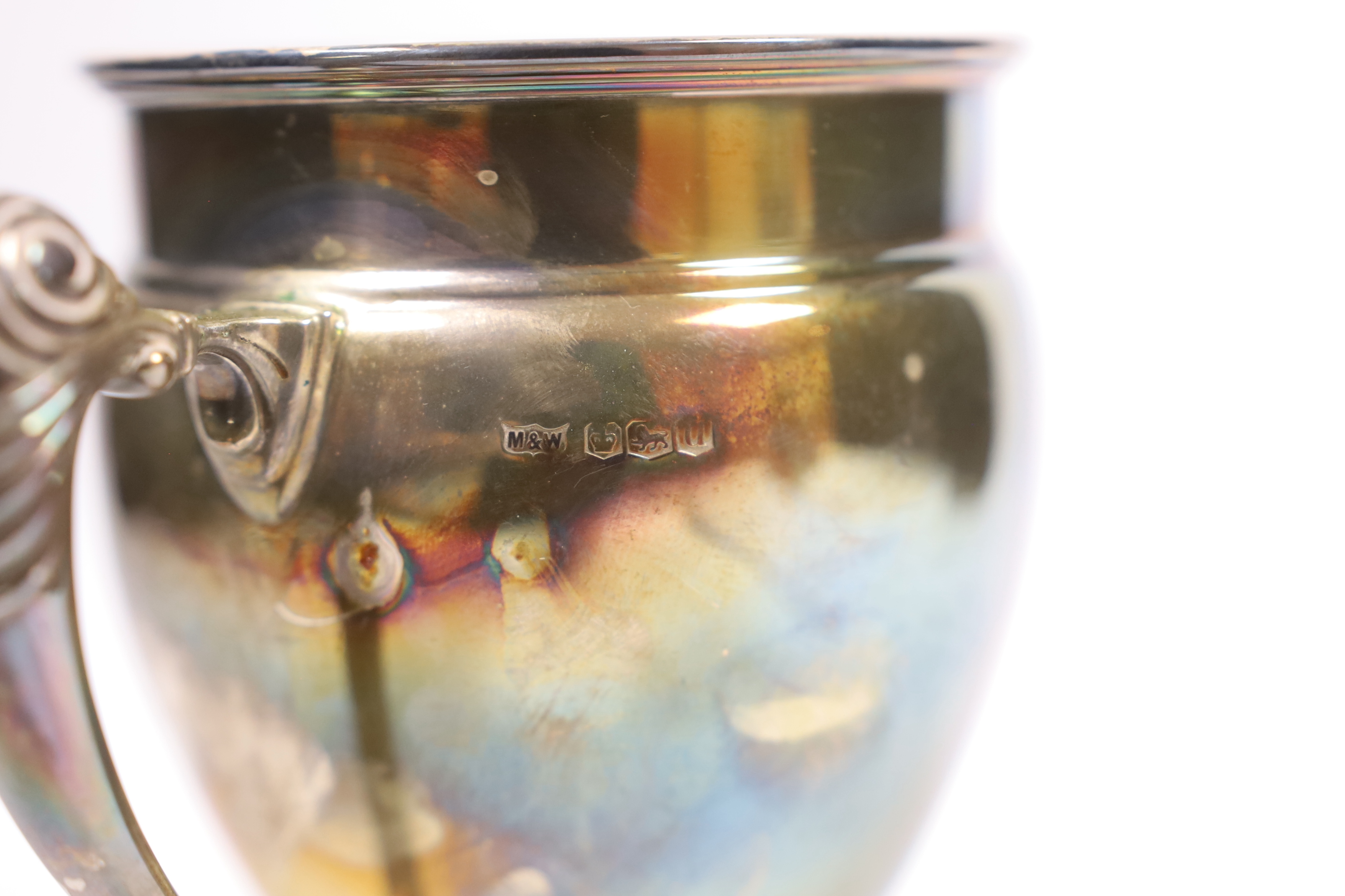 A George VI silver two handled pedestal vase by Mappin & Webb, Birmingham, 1937, 15.2cm, 9.3oz.
